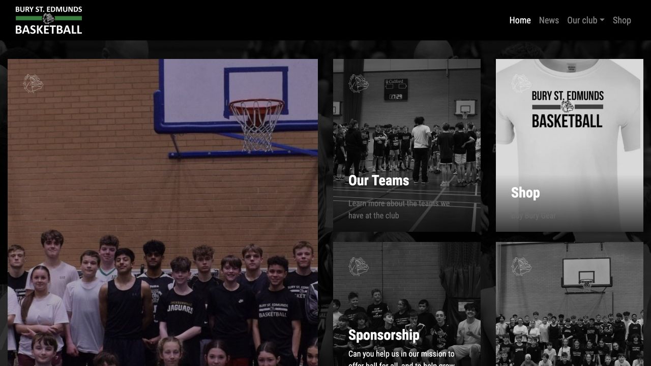 Bury Bulldogs homepage featuring basketball teams, club merchandise and sponsorship