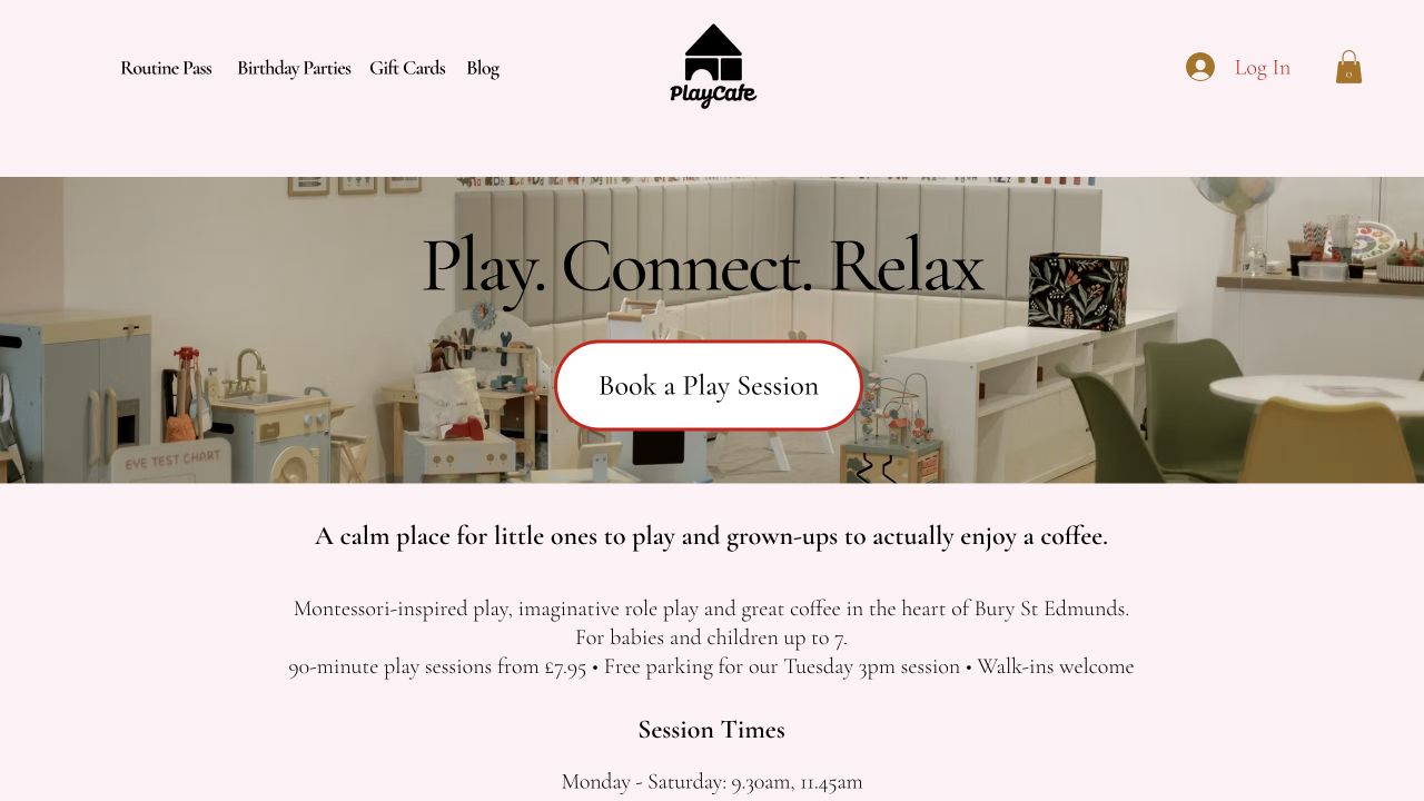Play Cafe homepage featuring its play space and play session booking